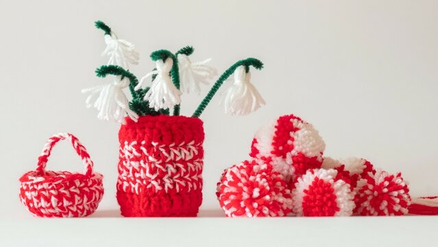 Close up red and white yarn strains of crochet vase and tassel snowdrops flowers, basket and pompoms as martenitsa, Bulgarian folklore tradition in march, Baba Marta day. Shallow depth of focus.