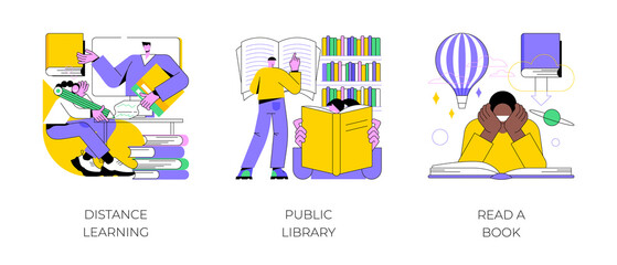 Off campus learning abstract concept vector illustration set. Distance learning, public library, read a book, off campus learning, tutoring and workshop, download e-book, homework abstract metaphor.