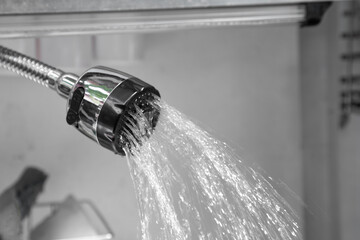 Water tap , faucet. Flow water in bathroom with sink. Modern clean hause. Backround hygiene. Panorama