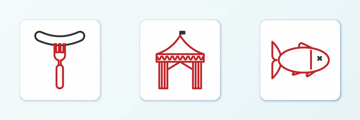 Set line Fish, Sausage on the fork and Camping tent icon. Vector