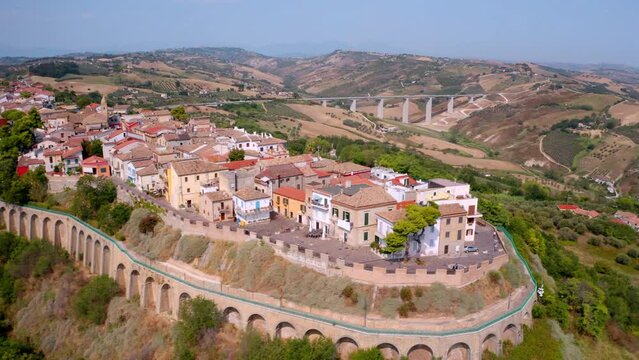 4k drone flying over footage (Ultra High Definition) of Silvi Paese town. Stunning morning scene of Italian countryside. Beautiful summer scenery.
