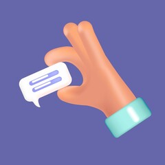 Vector 3d hand receive message with blue chat bubble, isolated on white background.