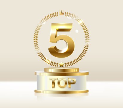Top 5 best podium award sign, golden object.