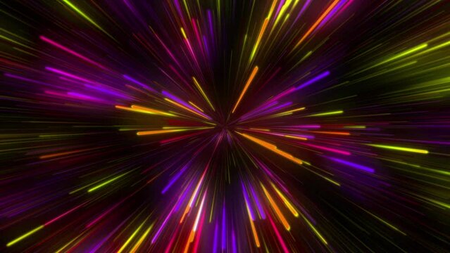 Neon vibrant colorful 3d abstract background. Speed of light, neon glowing rays in motion. Neon lines red, yellow, pink and purple colors changing on a black background. 