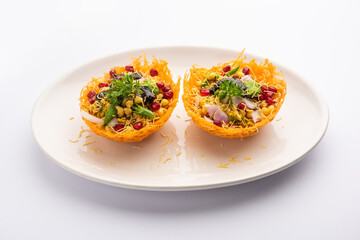 Aloo Tokri Chaat or Potato Basket stuffed chat or katori chat