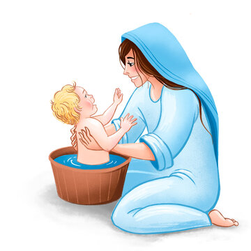 Virgin Mary bathing the baby Jesus