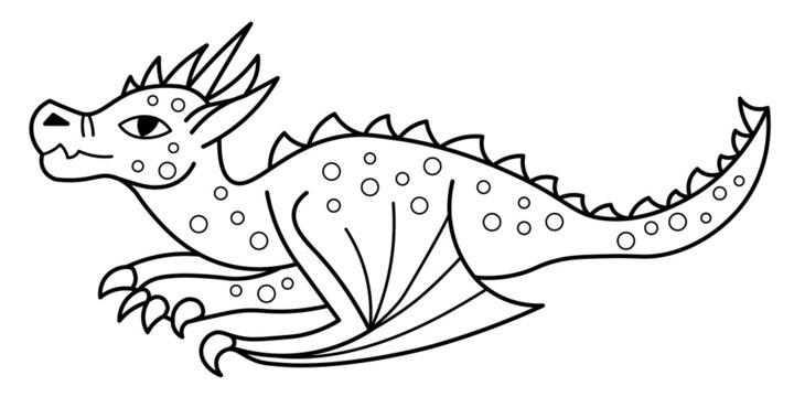 Outlined vector drawing of lying winged dragon 
with spikes and scales. Cartoon line art fantasy illustration. Design print for poster, banner, card.