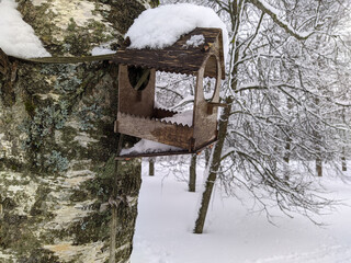old and broken wooden birdhouse hanging on a tree in the park in the winter season covered with snow.