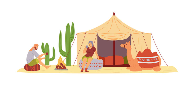 Desert camp with tent and camel, flat vector illustration isolated on white.