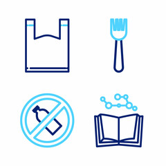 Set line Open book, No plastic bottle, Disposable fork and Plastic bag icon. Vector