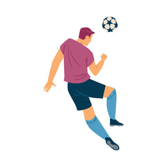 Soccer player throws the ball up in the air, flat vector illustration isolated on white background.