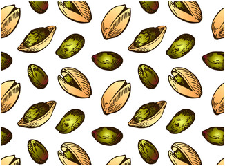 Sketch hand drawn pattern of colorful pistachios nuts isolated on white background. Engraving drawing nut wallpaper. Organic vegan food packaging. Vector illustration.