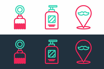 Set line Barbershop, Hairbrush and Bottle of shampoo icon. Vector