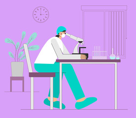 A woman in a medical mask is sitting at a table and looking through a microscope. Medicine. Ecology. A bright workplace with flowers. People working. Vector illustration
