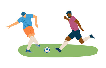 Two men in uniform kick and pass the ball during soccer game, flat vector illustration isolated on white background.