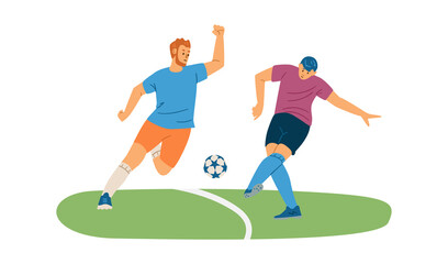 Men playing soccer or football on the field, flat vector illustration isolated on white background.