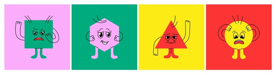 Funny basic geometric characters. Hand drawn geometry figures various emotions, cute abstract shapes. Vector illustration