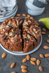 sweet home made chocolate almond cake on a table