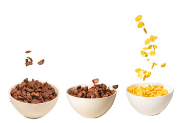 Corn flakes falling to the white bowl. Motion.