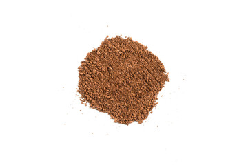 Makeup cosmetics. Eyeshadow in brown color crushed palette, colorful eye shadow powder on white background