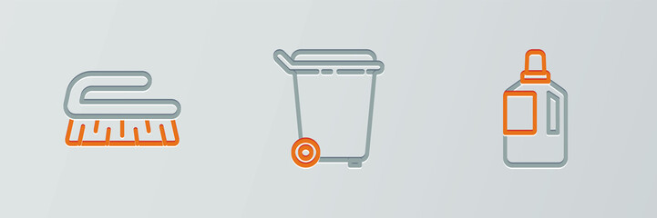 Fototapeta premium Set line Fabric softener, Brush for cleaning and Trash can icon. Vector