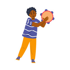 Black boy playing tambourine, isolated on white background. Young kid play percussion music instrument, illustration.