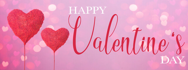 Valentine's Day abstract background in pink colors and red heart balloons and lettering, isolated...