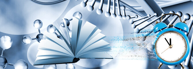 An open book on the background of an abstract image of stylized DNA chains.