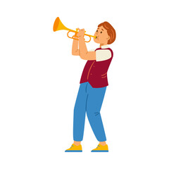 Child boy character learning playing trumpet, flat vector illustration isolated.
