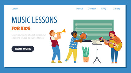 Kids play guitar, trumpet and tambourine on music lessons. Black and white boys and girl at music school classes. © Kudryavtsev