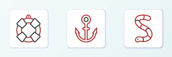 Set line Worm, Lifebuoy and Anchor icon. Vector