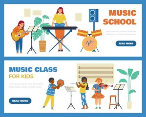 Music school banners set with kids playing music, flat vector illustration.