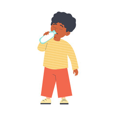 Child boy drinks milk from bottle, flat vector illustration isolated on white background.