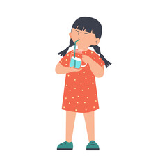 Cute girl child drinks water from glass jar with straw, flat vector illustration isolated on white background.
