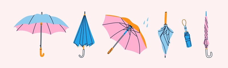 Set of different Umbrellas in various positions. Open and folded umbrellas. Muted colors. Hand drawn colored Vector illustration. Cartoon style. Design templates. All elements are isolated - obrazy, fototapety, plakaty