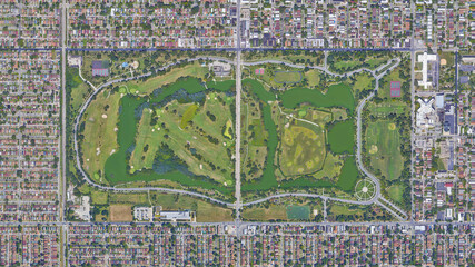 City and Park aerial view, Marquette Park and Chicago, looking down aerial view from above –...