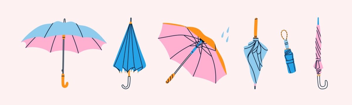 Set of different Umbrellas in various positions. Open and folded umbrellas. Muted colors. Hand drawn colored Vector illustration. Cartoon style. Design templates. All elements are isolated
