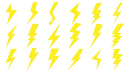 Set of flat lightning icons. Yellow lightning icons isolated on white background. Vector illustration