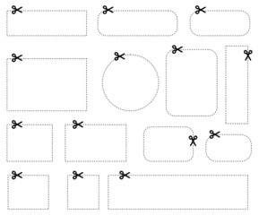 Set of different shapes of square, rectangle with cut lines. Open scissors for cutting a discount coupon.Vector