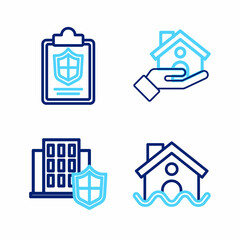 Set line House flood, with shield, Shopping building and Document icon. Vector