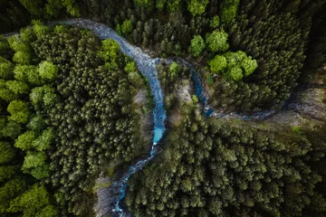 Fototapete Wald Fluss Aerial view of river flowing admist trees in forest  © Cavan