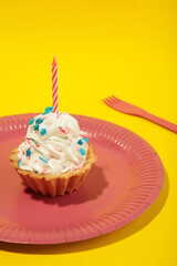 Delicious birthday cupcake on yellow background. Creative photo