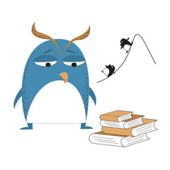 Little penguin looking sadly at books. Vector hand-drawn illustration for children's prints