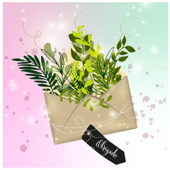 Illustration of an open envelope with a greeting of plants and ferns with decorative elements and a sign that says Thank You!