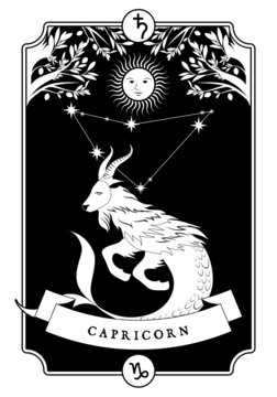 illustration Zodiac sign. Vintage card poster image. Planet symbol.
