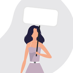 Pretty girl with an empty banner in her hands. Protest concept. Flat style. Vector.