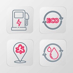 Set line Recycle clean aqua, Label for eco healthy food and Electric car charging station icon. Vector