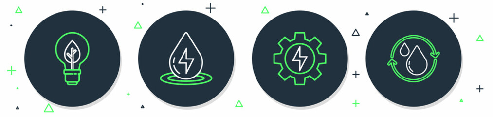 Set line Water energy, Gear and lightning, Light bulb with leaf and Recycle clean aqua icon. Vector