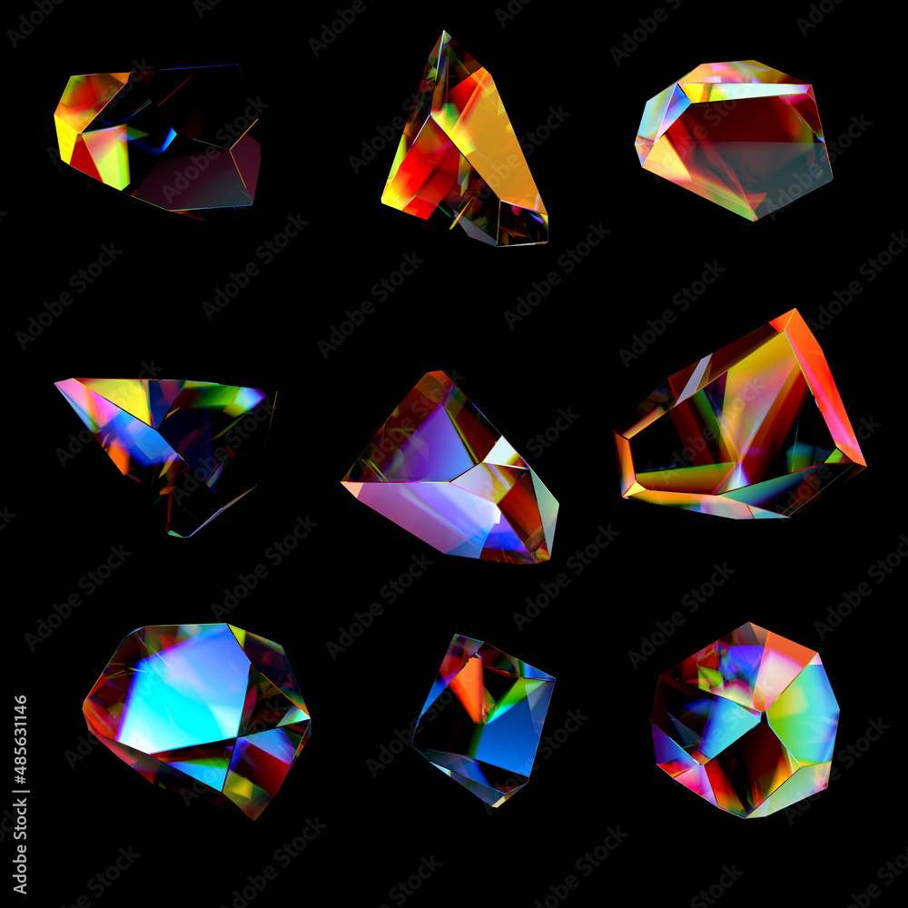 Canvas Prints 3d abstract colorful gemstone isolated on black, futuristic crystals set, 3d rendering