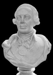 Stone bust of russian general Alexander Suvorov isolated on a black background